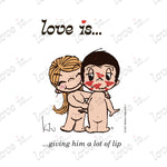 Load image into Gallery viewer, Love is... giving him a lot of lip kisses personalized poster art print by Kim Casali. 
