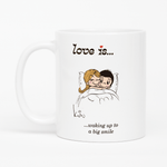 Load image into Gallery viewer, Love is... waking up to a big smile  personalized ceramic mug by Kim Casali. 
